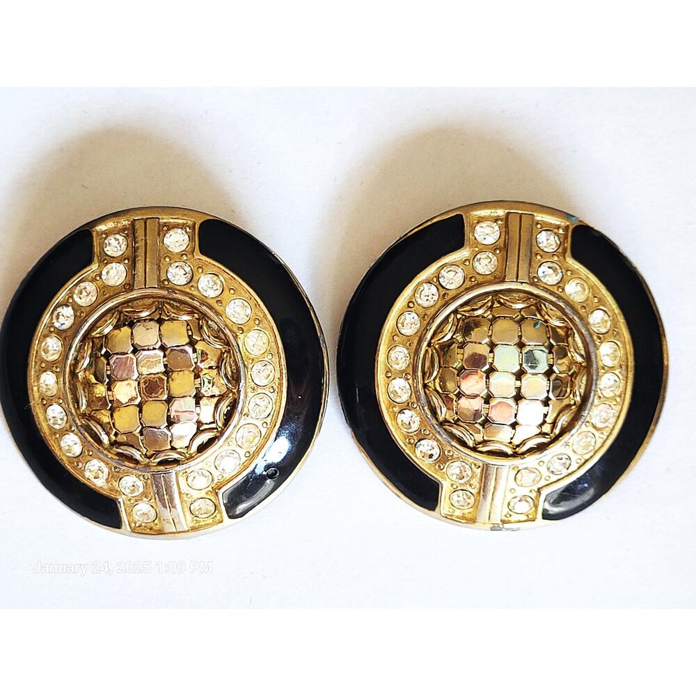 Vintage Whiting & Davis Medallion Gold Mesh Black Enamel Clip Earrings Art Deco